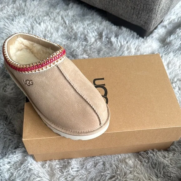 UGG | Shoes | Ugg Beige Suede Slippers With Red Trim Brand 